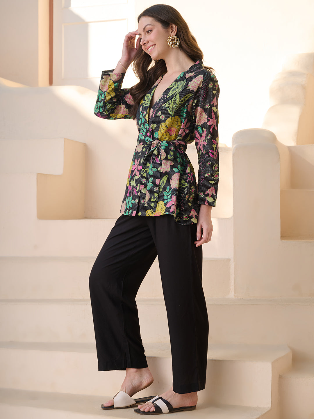 Black Floral Printed Katha Cotton Co-ord Set