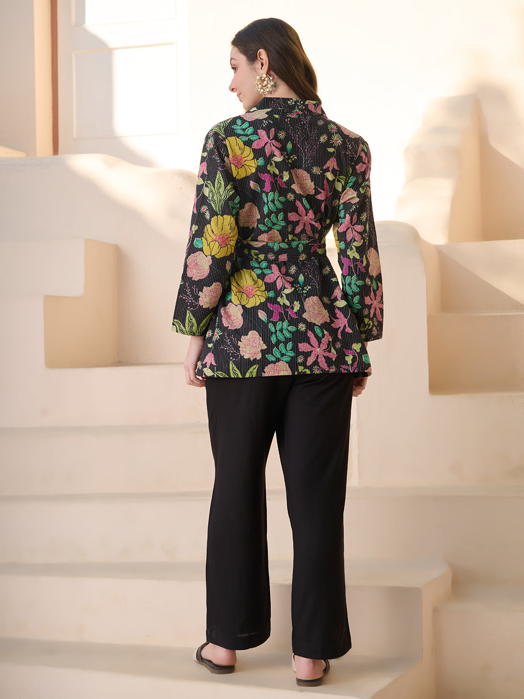 Black Floral Printed Katha Cotton Co-ord Set