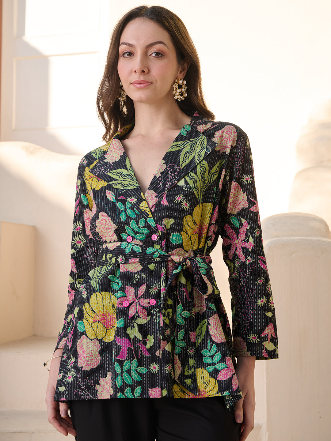 Black Floral Printed Katha Cotton Co-ord Set