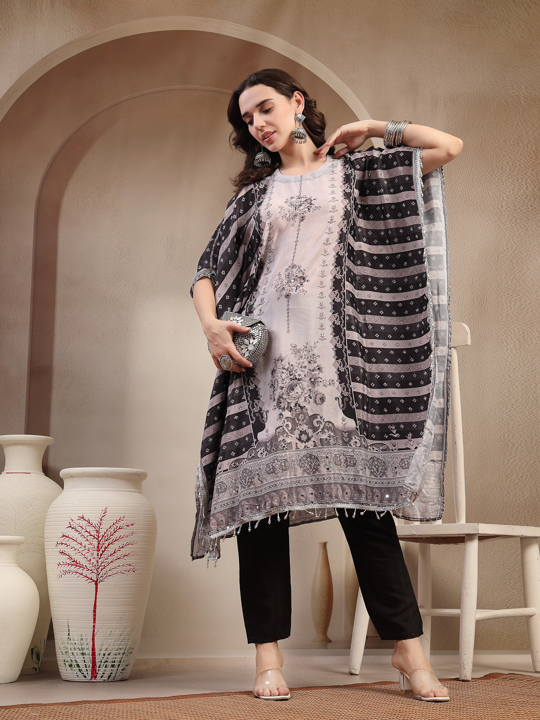 Black Mirror Work Printed Silk Blend Co-ord Set (Pre-Order)