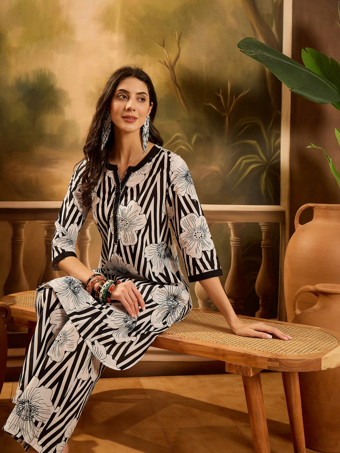 Black Striped & Floral Printed Cotton Co-ord Set (Pre-Order)