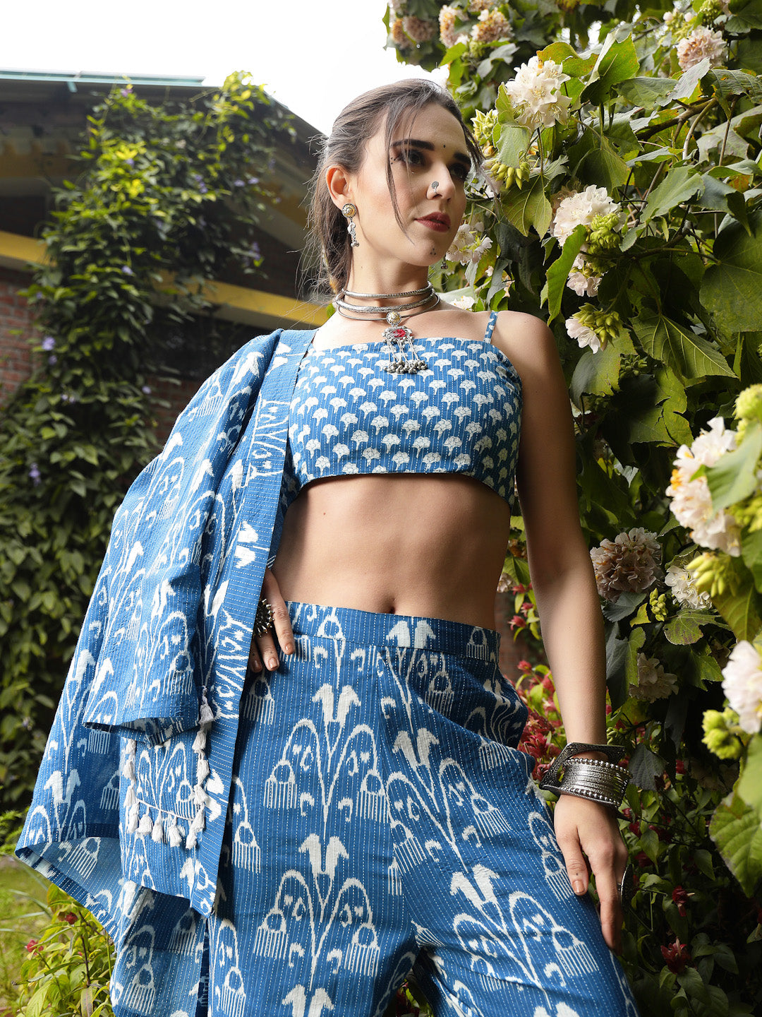 Blue Ikat Printed Katha Cotton Co-Ord Set