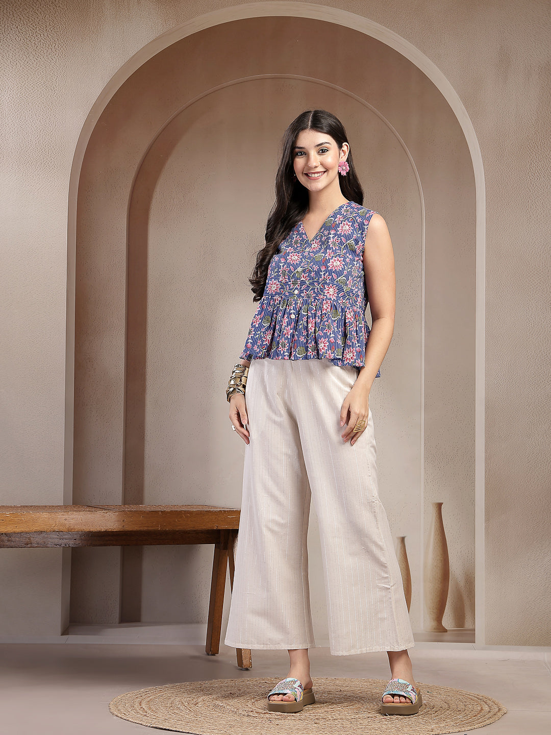 Blue Floral Printed Katha Cotton Co-Ord Set