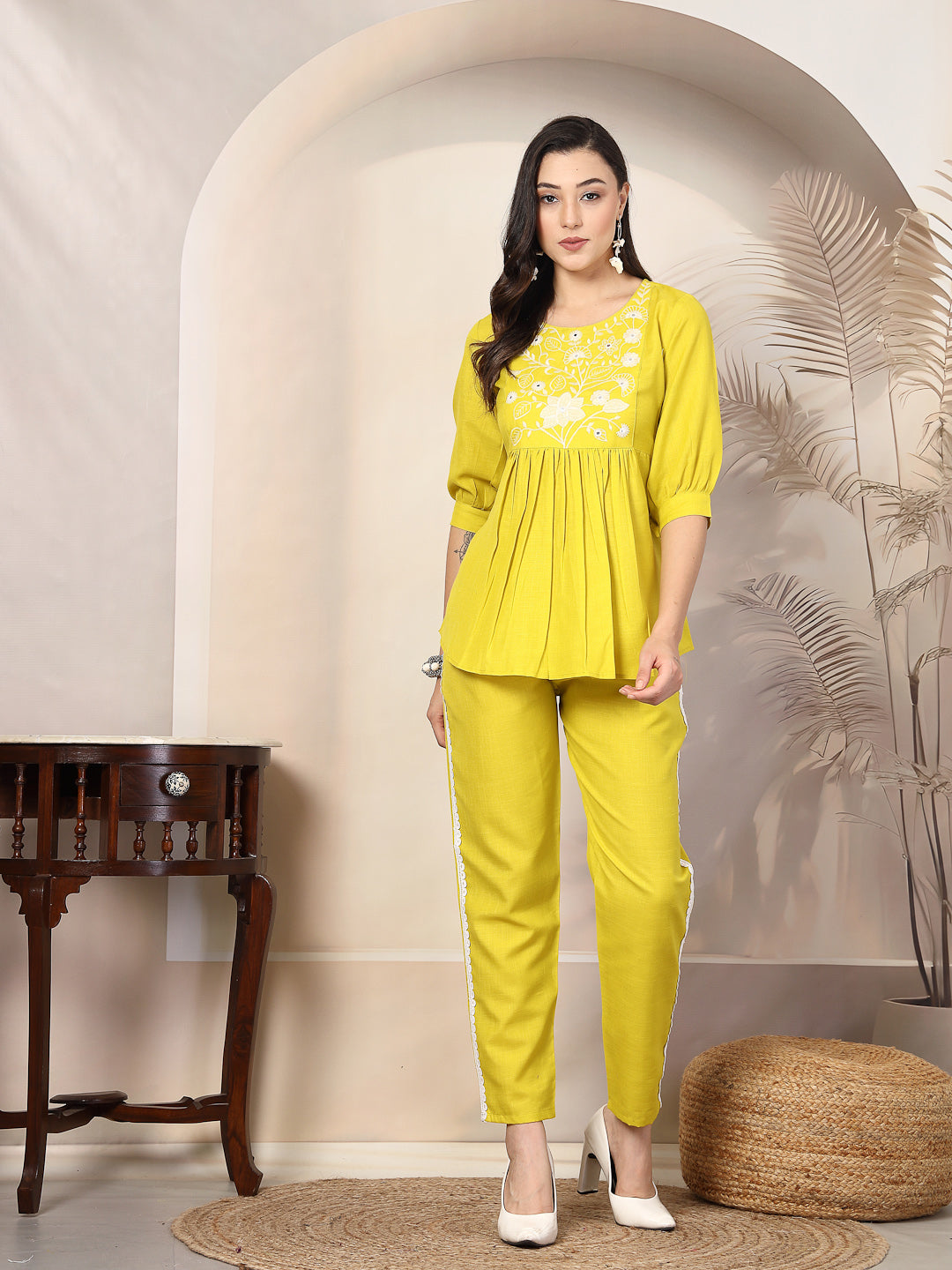 Corn Solid & Embroidered Cotton Co-Ord Set