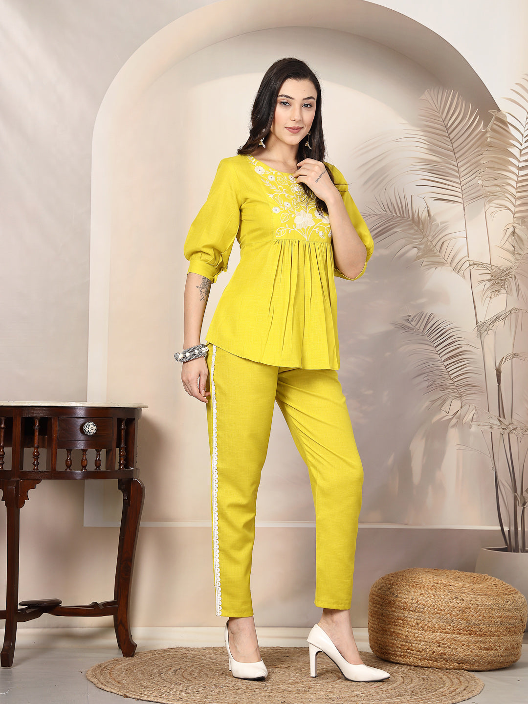 Corn Solid & Embroidered Cotton Co-Ord Set