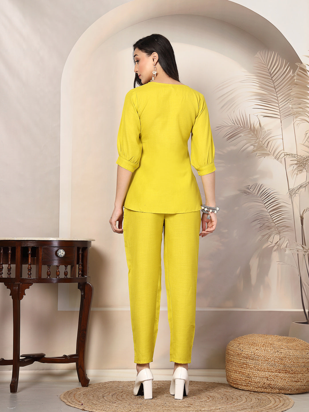 Corn Solid & Embroidered Cotton Co-Ord Set