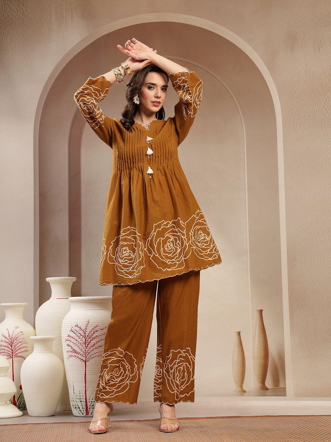 Mustard Floral Printed & Embroidered Cotton Co-Ord Set