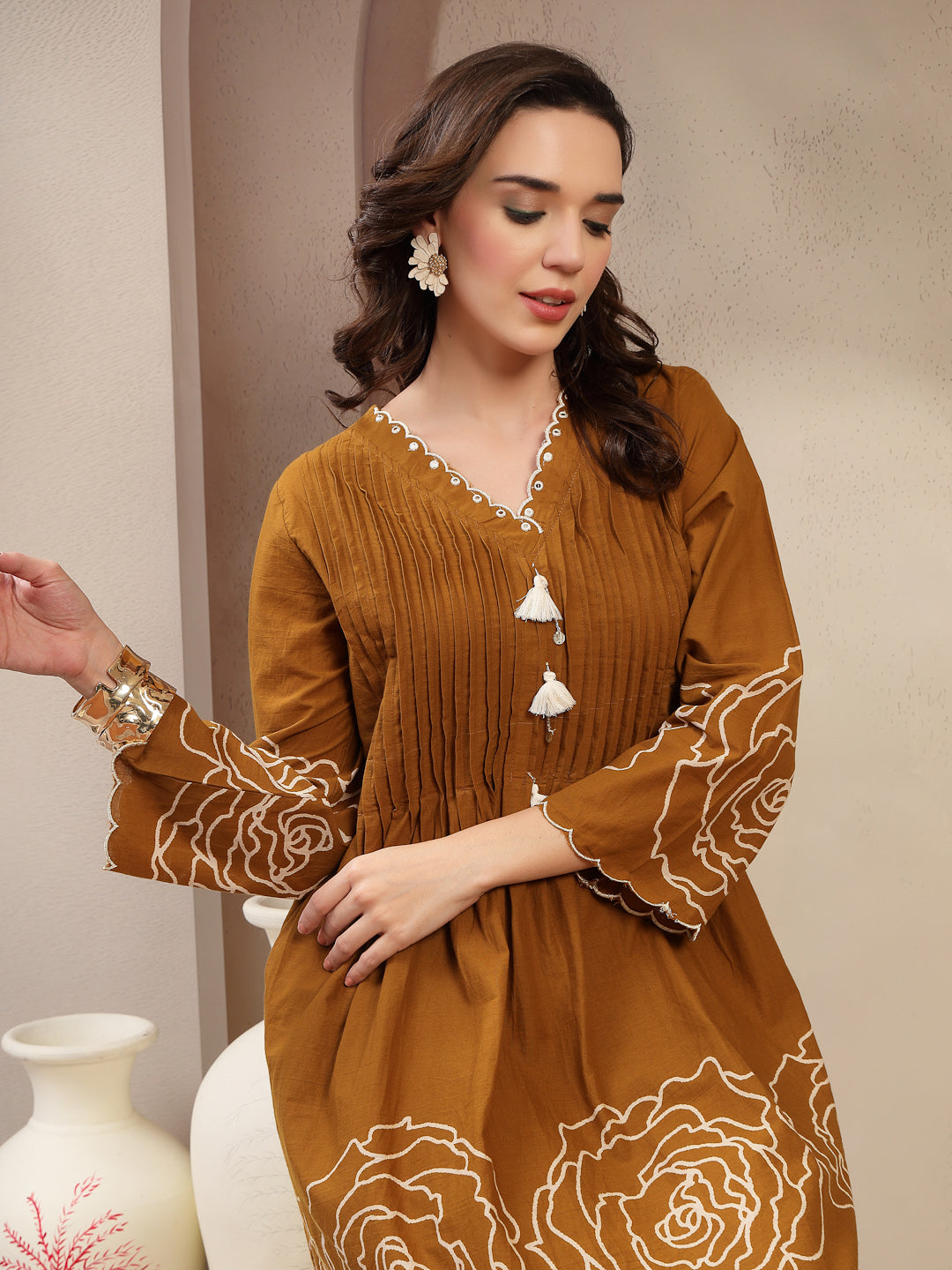 Mustard Floral Printed & Embroidered Cotton Co-Ord Set