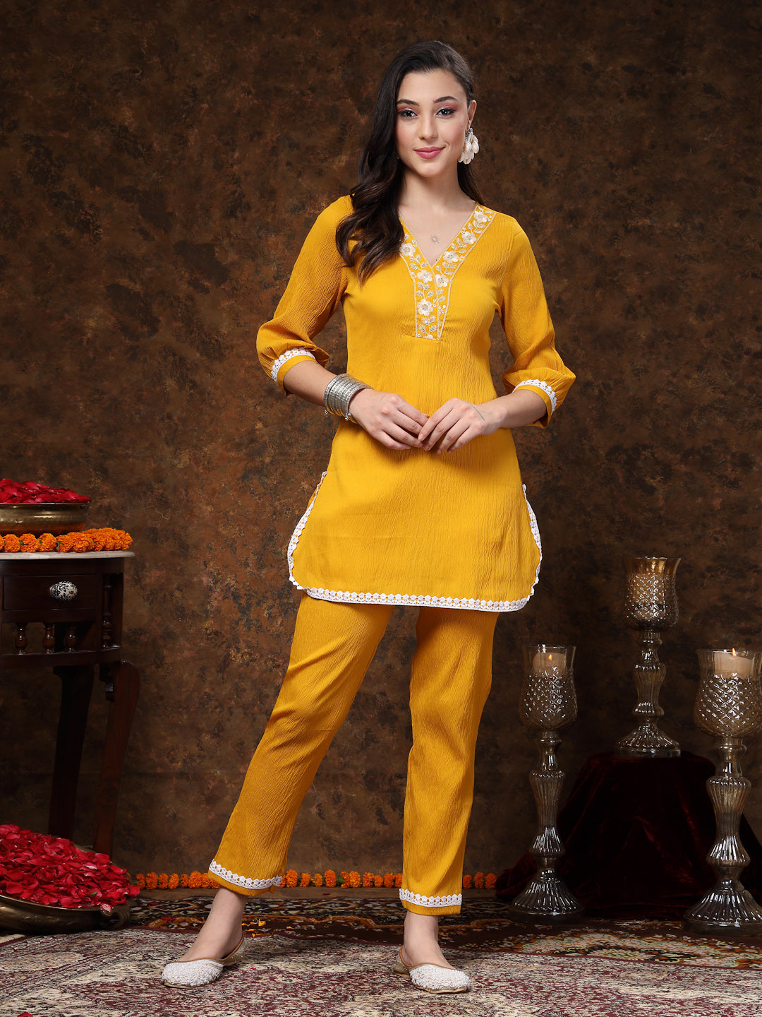 Mustard Solid & Embroidered Italiya Crepe Co-Ords Set