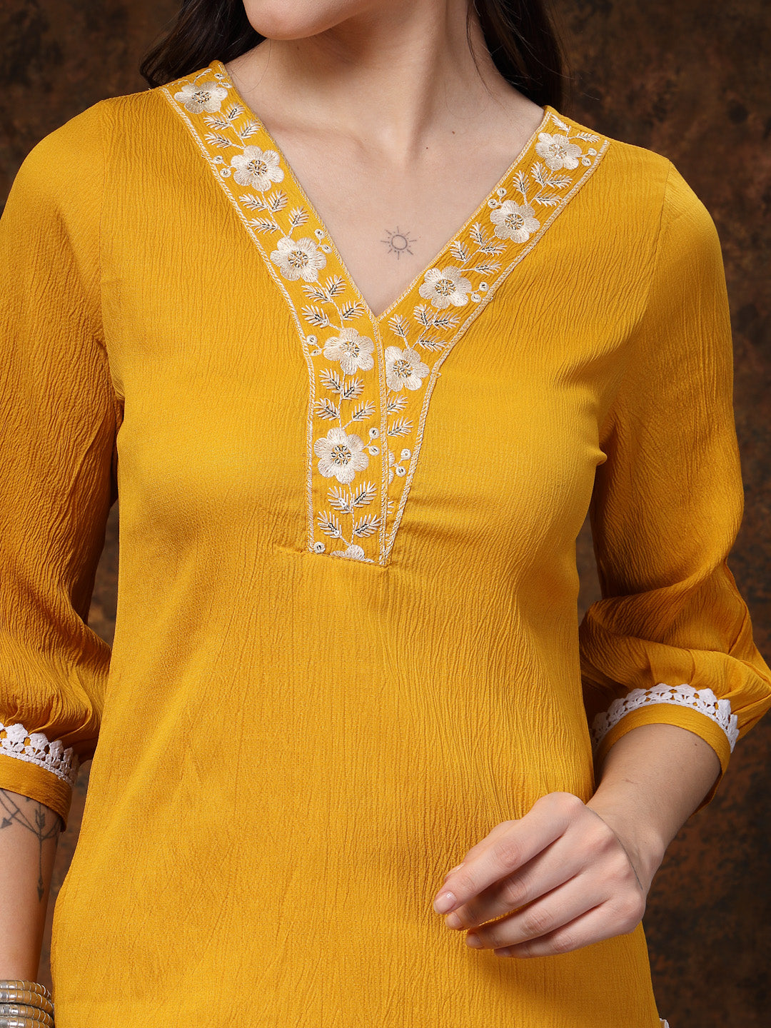 Mustard Solid & Embroidered Italiya Crepe Co-Ords Set