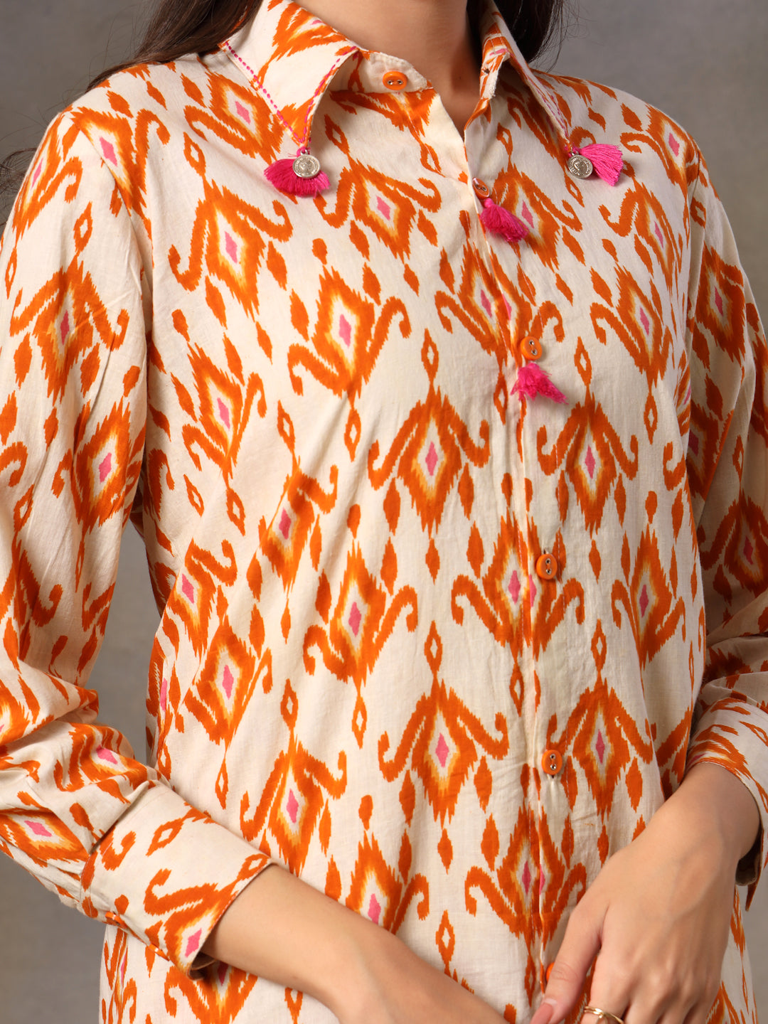 Orange Ikkat Printed Cotton Co-Ord Set