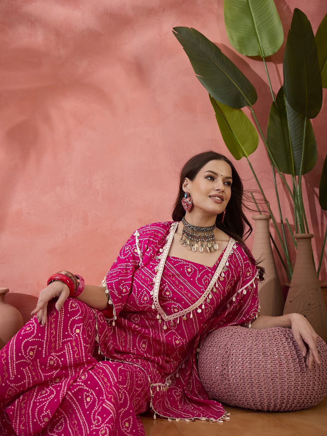 Bandhani Printed Rayon Kaftan Sharara & Tube Top Co-Ords Set