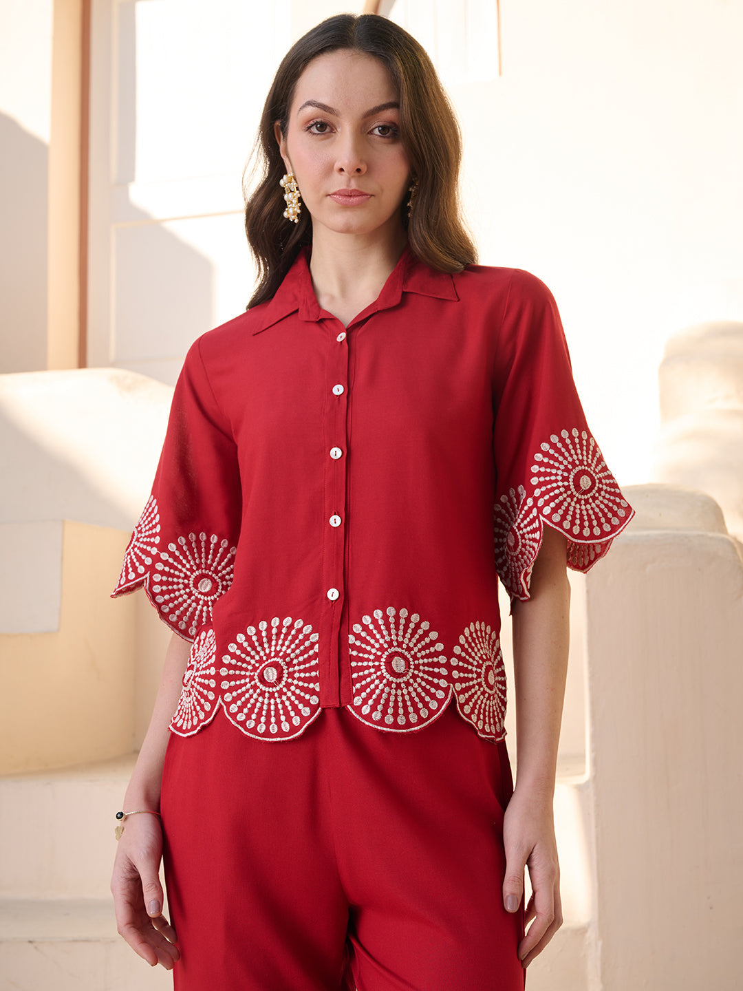 Red Solid & Embroidered Cotton Blend Co-ord Set