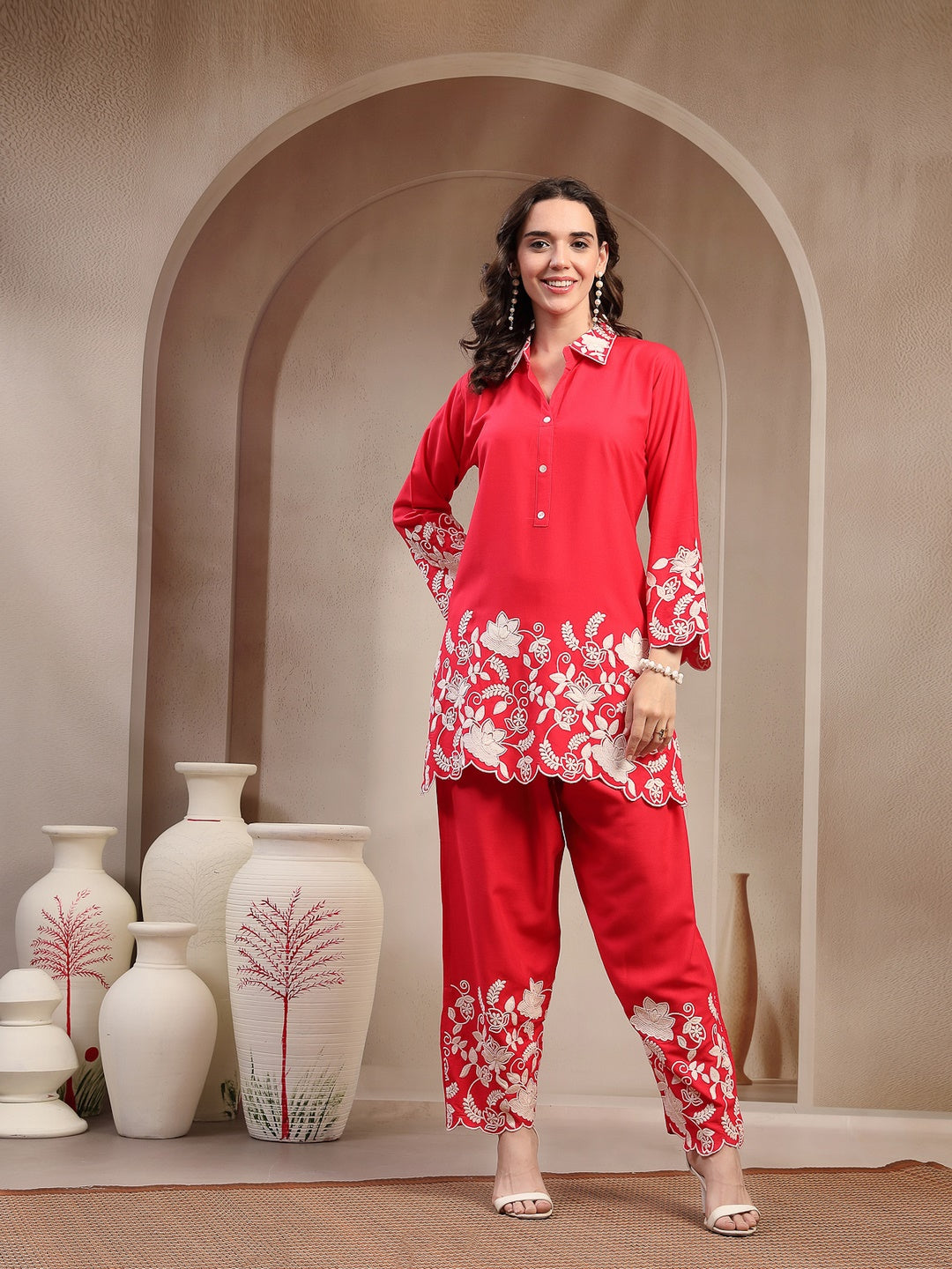 Red Solid & Embroidered Rayon Co-Ord Set