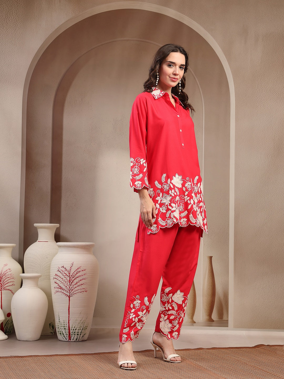 Red Solid & Embroidered Rayon Co-Ord Set