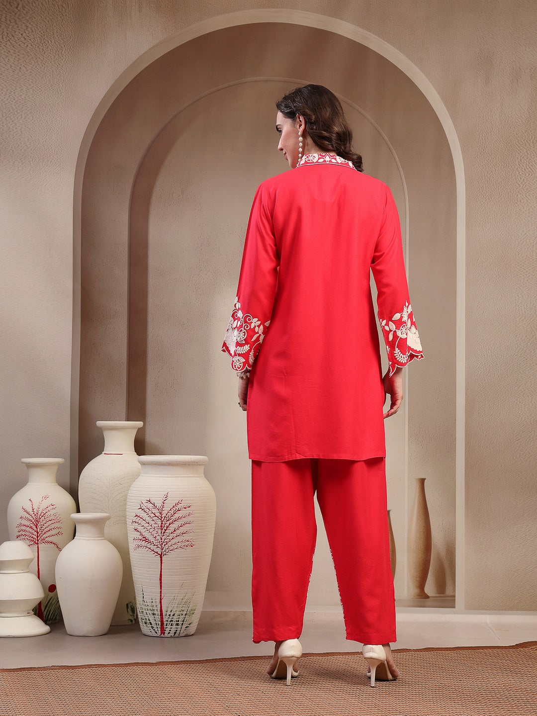 Red Solid & Embroidered Rayon Co-Ord Set