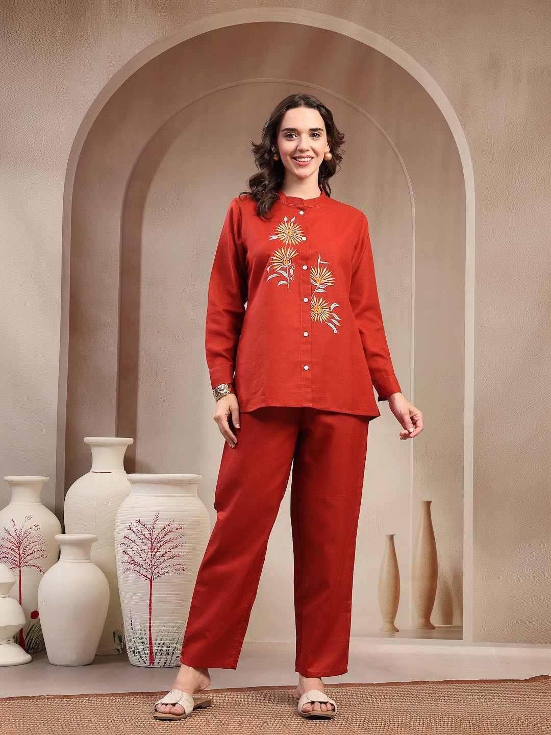 Rust Solid & Embroidered Roman Silk Co-Ord Set