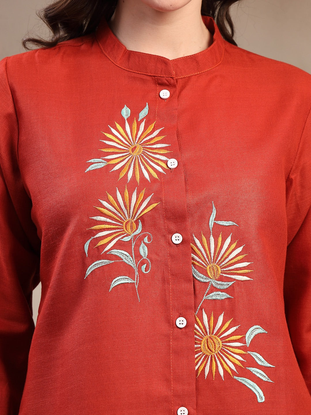 Rust Solid & Embroidered Roman Silk Co-Ord Set