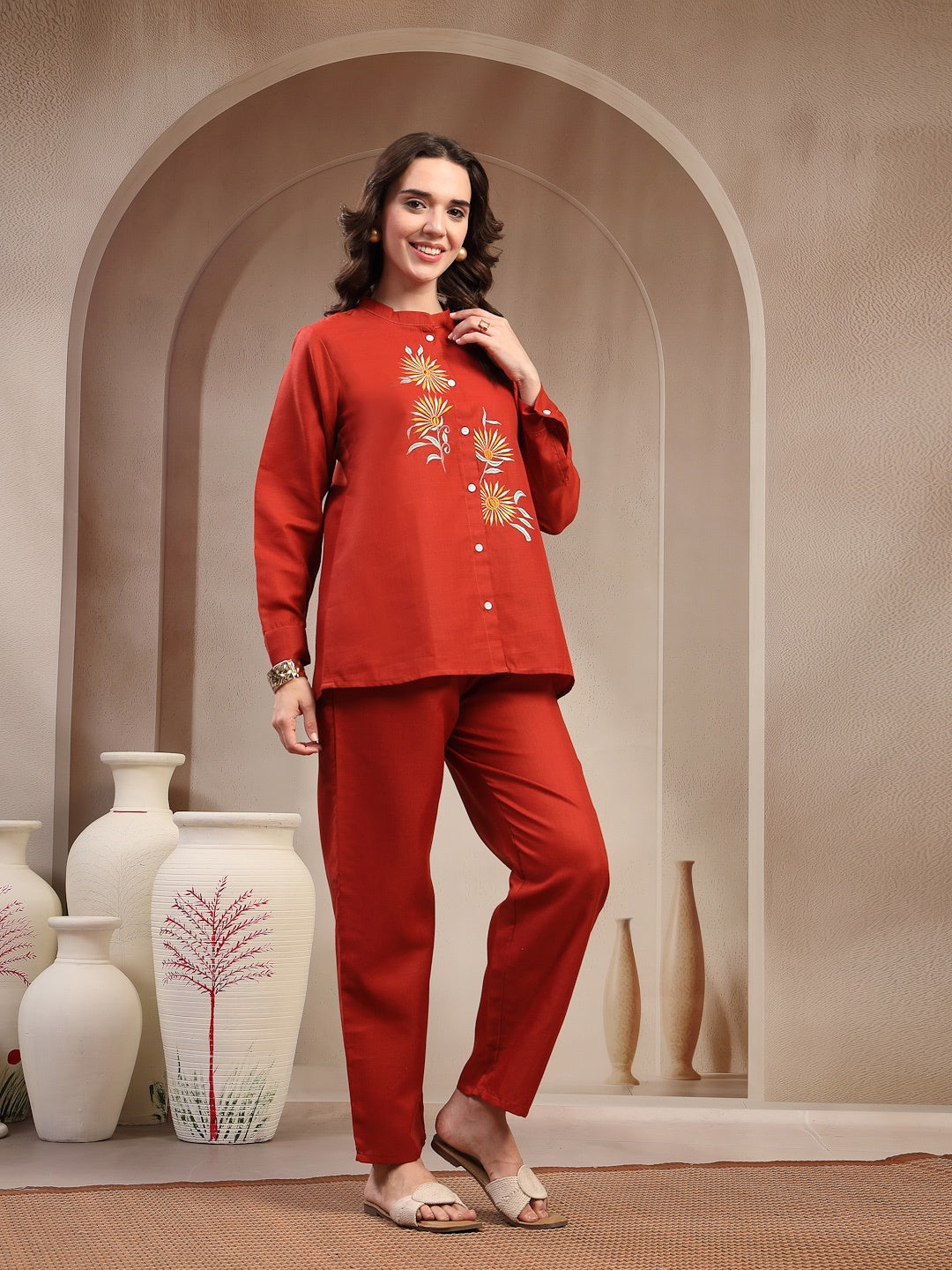 Rust Solid & Embroidered Roman Silk Co-Ord Set