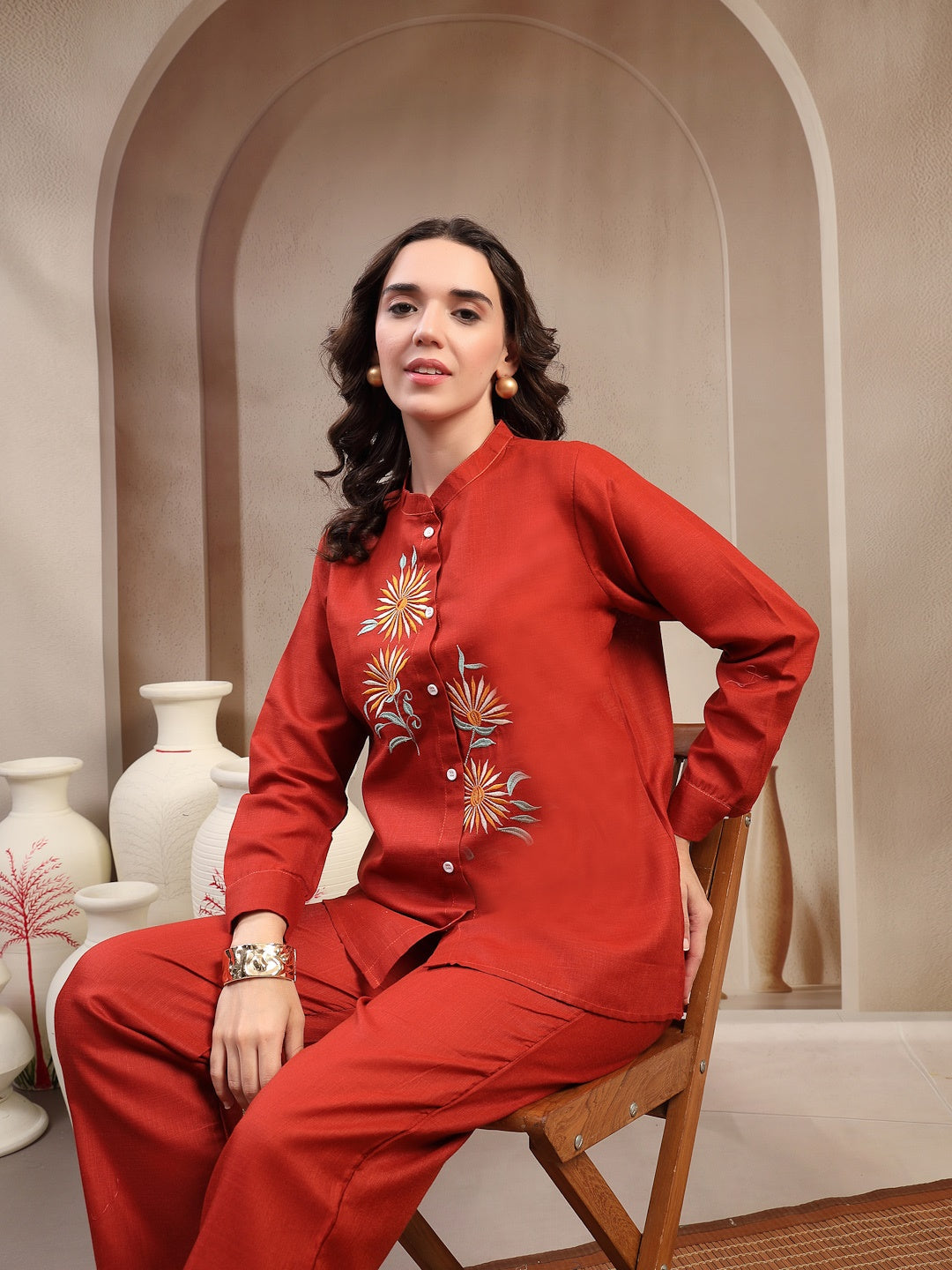 Rust Solid & Embroidered Roman Silk Co-Ord Set