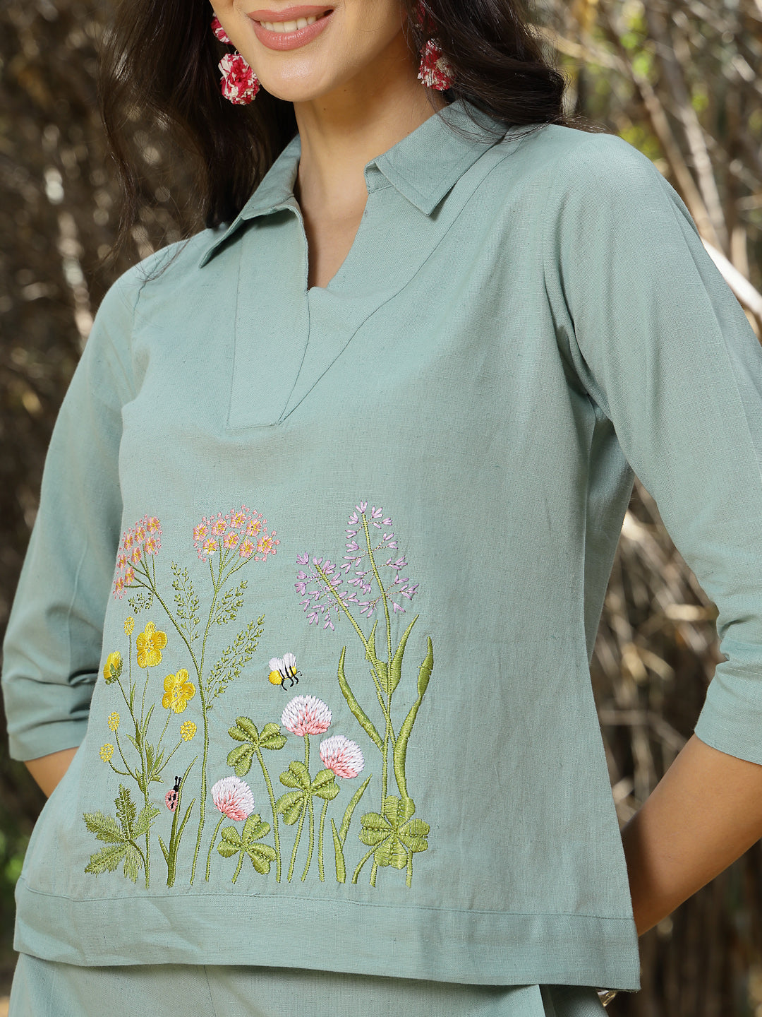 Turquoise Solid & Embroidered Cotton Co-Ord Set