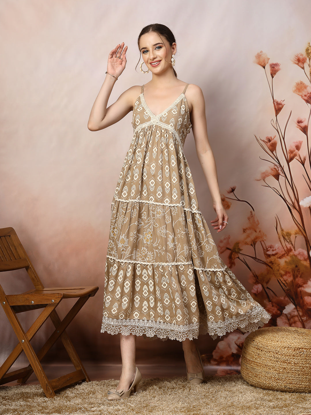 Beige Ikat Printed Rayon Tiered Dress (Pre-Order)