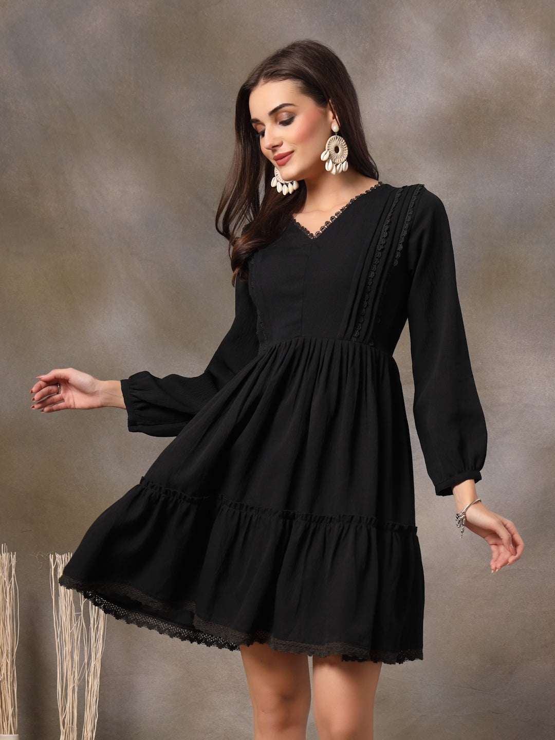 Black Solid Crepe Flared Dress
