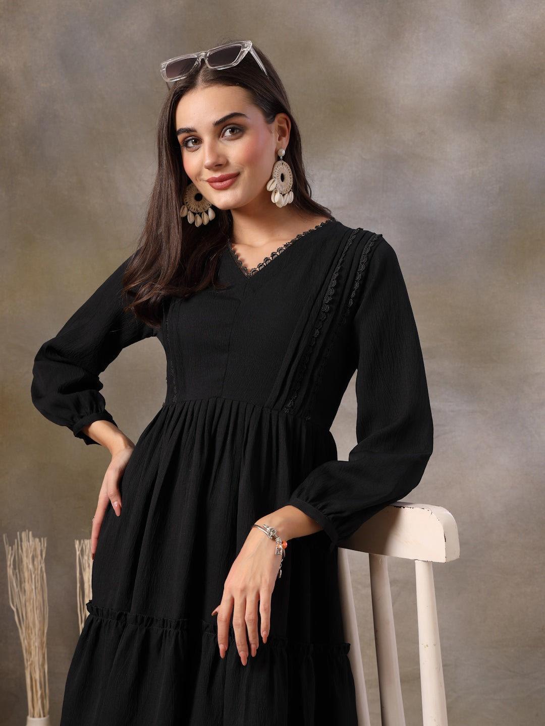 Black Solid Crepe Flared Dress