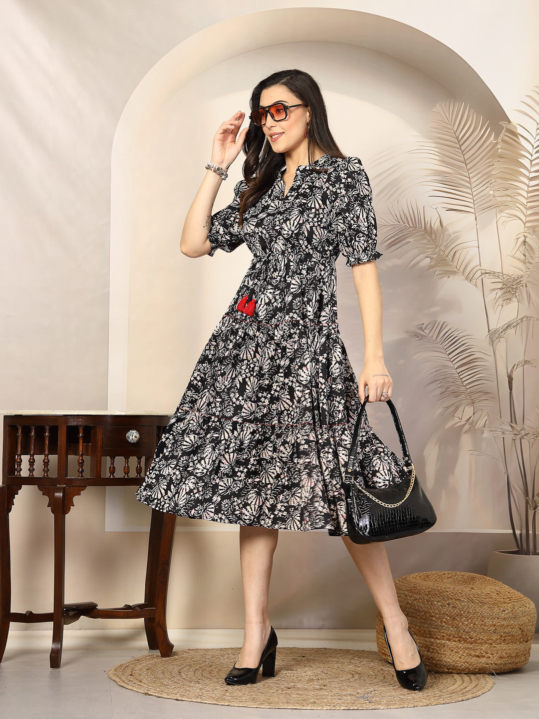 Black Floral Printed Polyester Tiered Dress