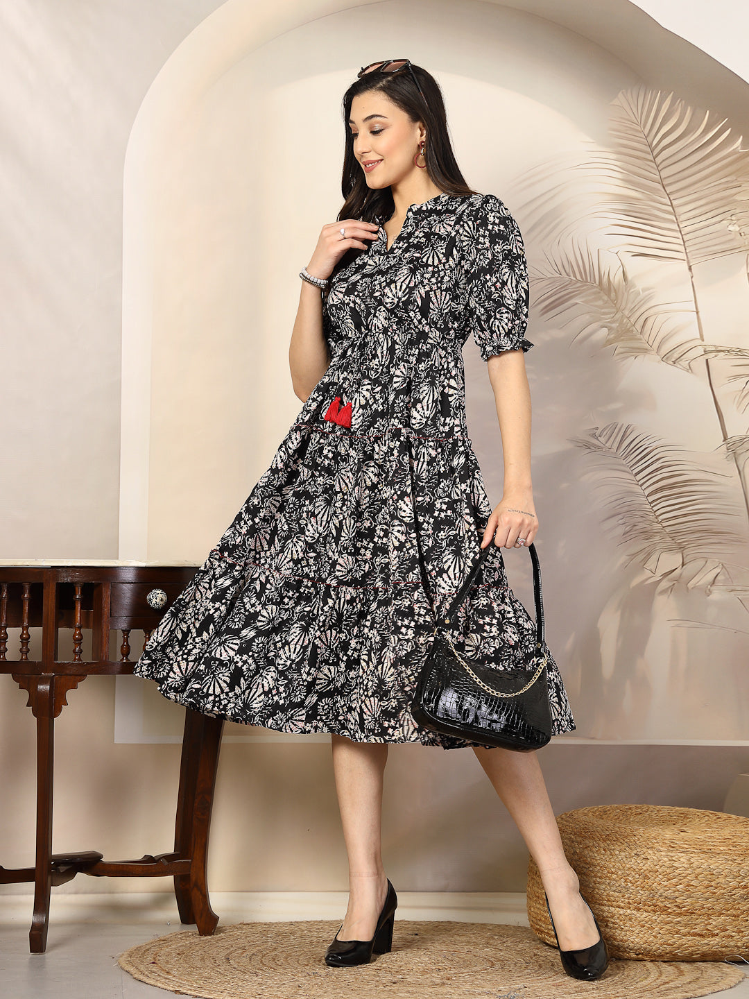 Black Floral Printed Polyester Tiered Dress
