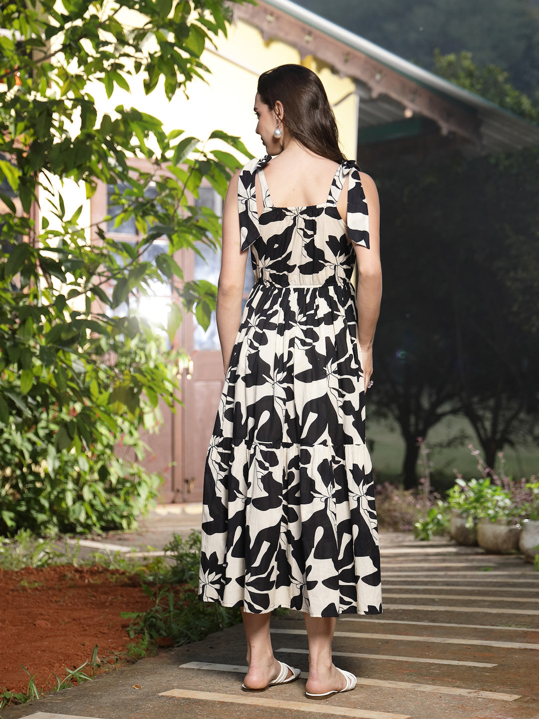 Black Printed Cotton Tiered Dress