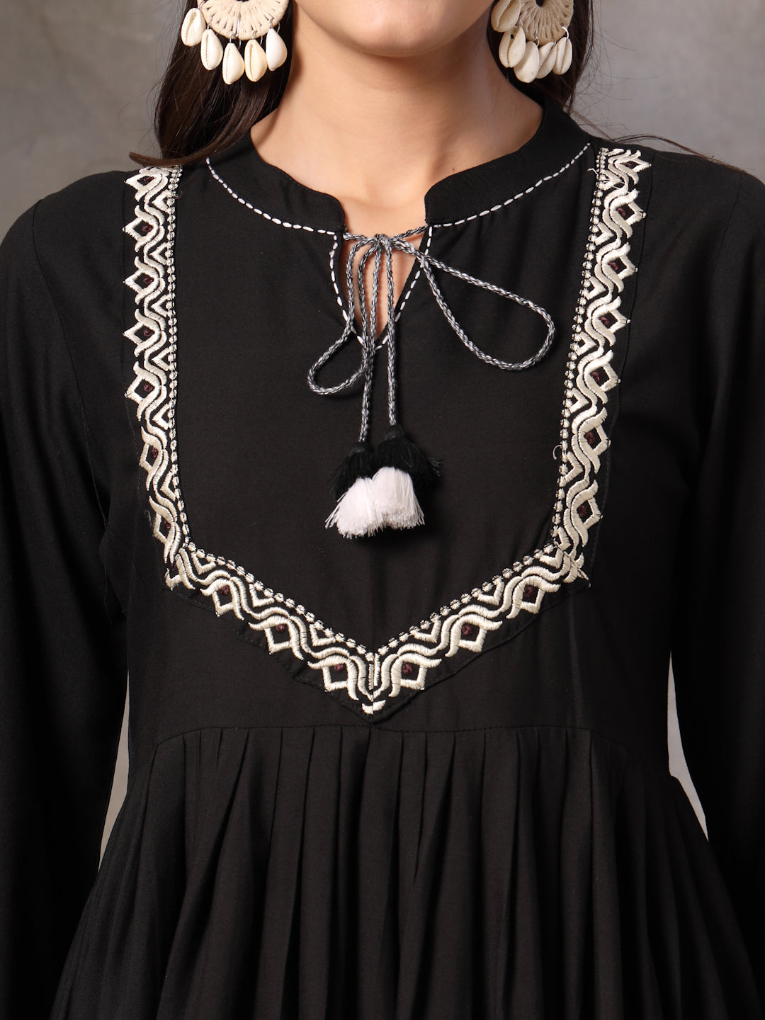 Black Botanical Printed Rayon Flared Dress (Pre-Order)