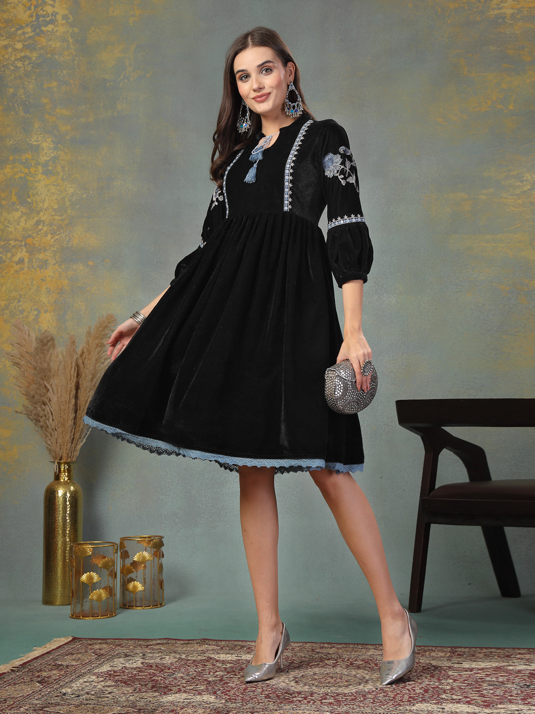 Black Solid & Embroidered Velvet Flared Dress