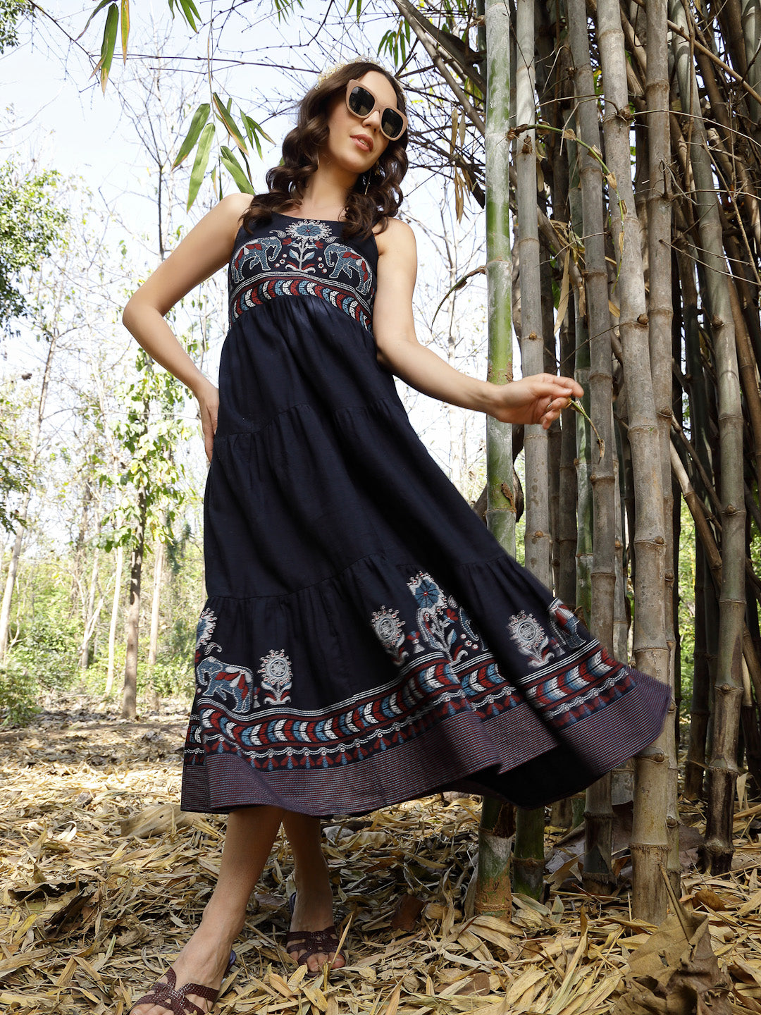Blue Ethnic Printed Cotton Flax Tiered Dress