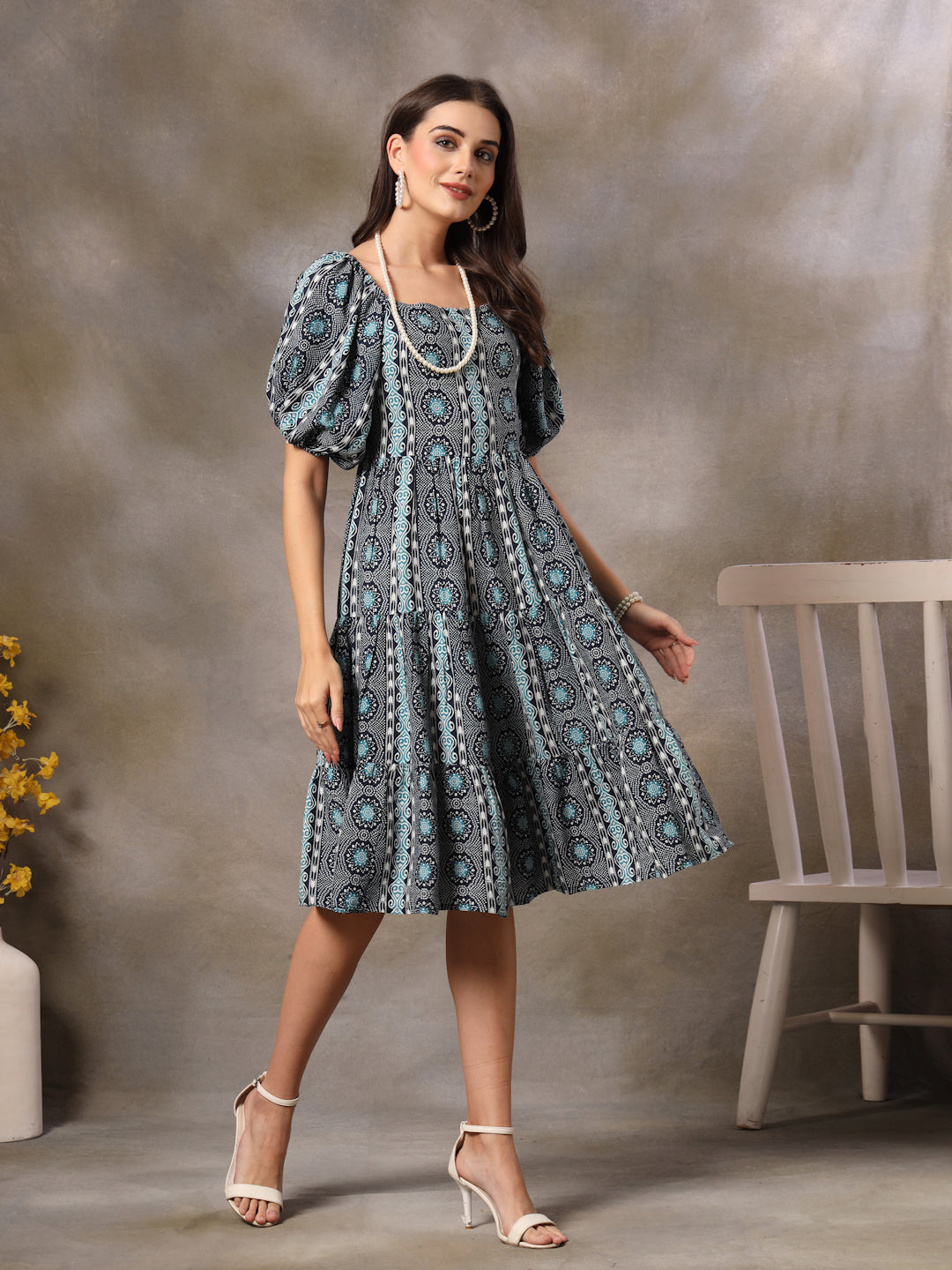 Blue Bandhani Printed Rayon Tiered Dress