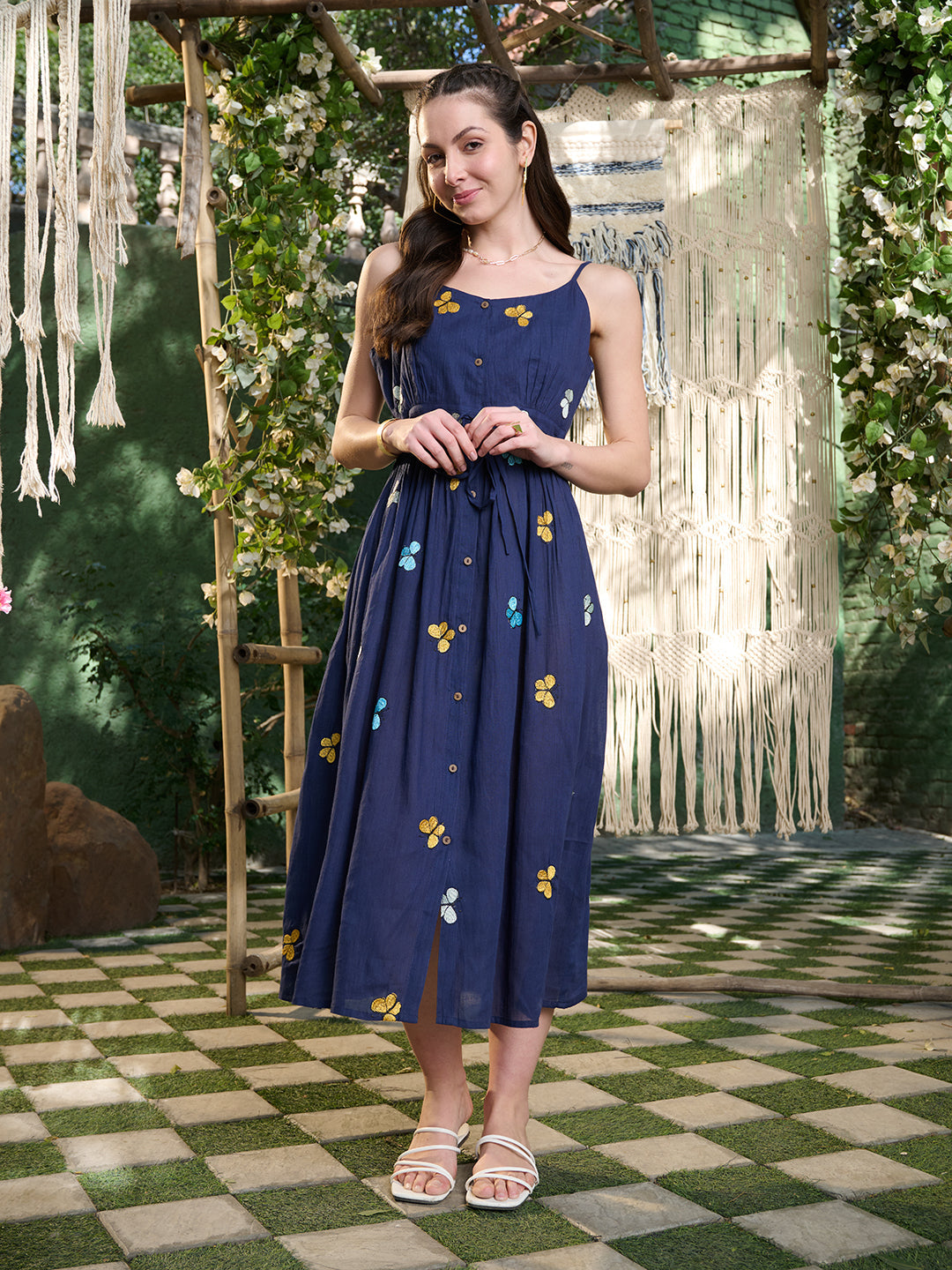 Blue Embroidered Cotton A-Line Dress