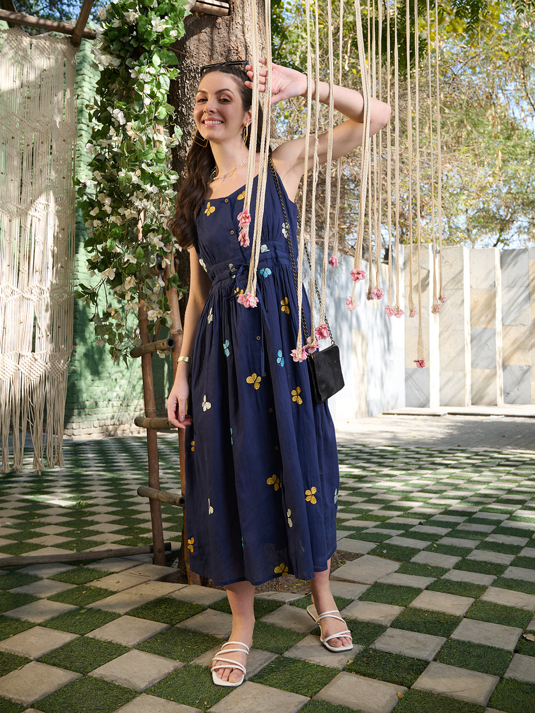 Blue Embroidered Cotton A-Line Dress