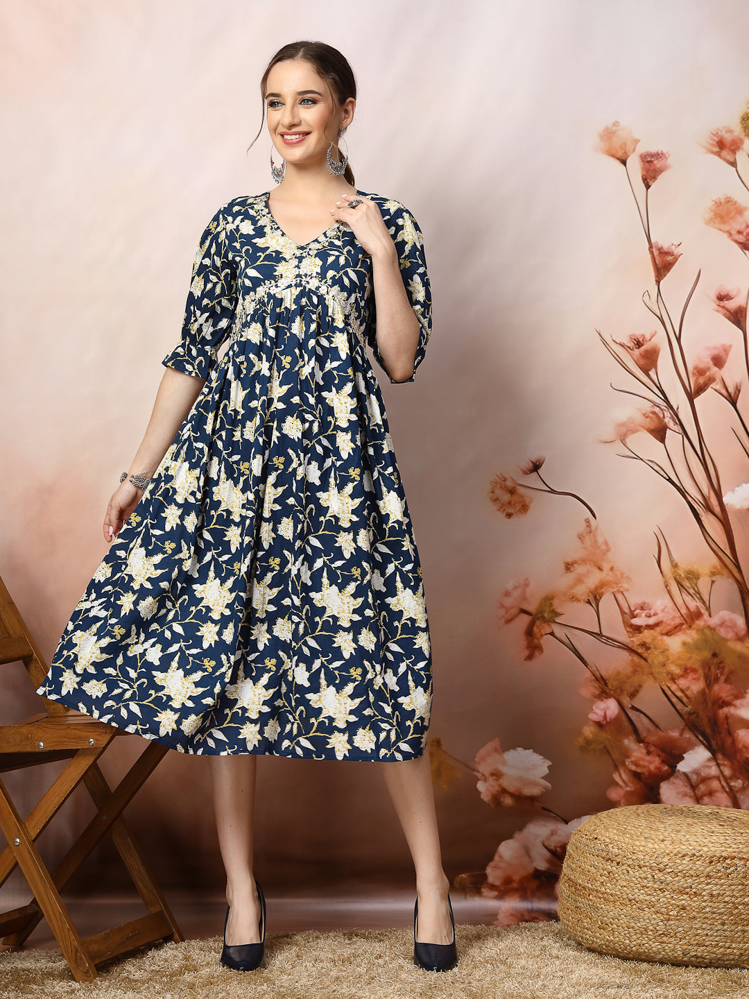 Blue Floral Printed Cotton Pleated Dress