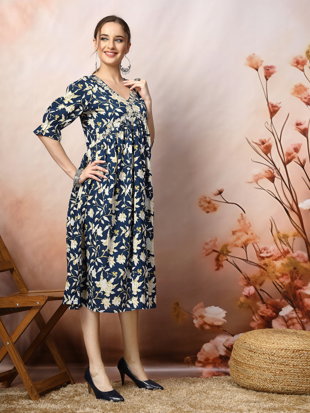 Blue Floral Printed Cotton Pleated Dress
