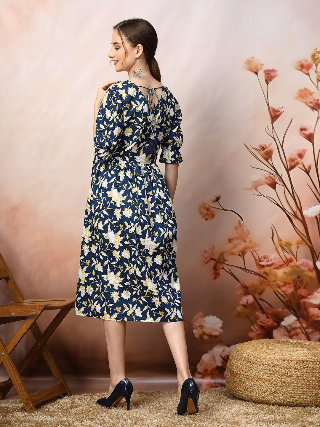 Blue Floral Printed Cotton Pleated Dress