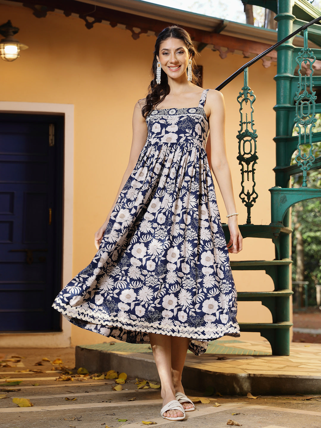 Blue Floral Printed Rayon Dress