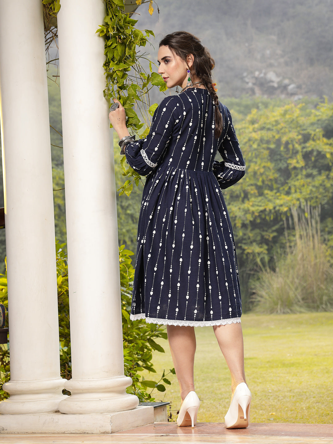 Blue Printed Cotton Flared Dress