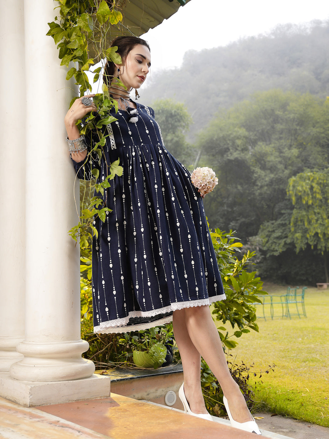 Blue Printed Cotton Flared Dress
