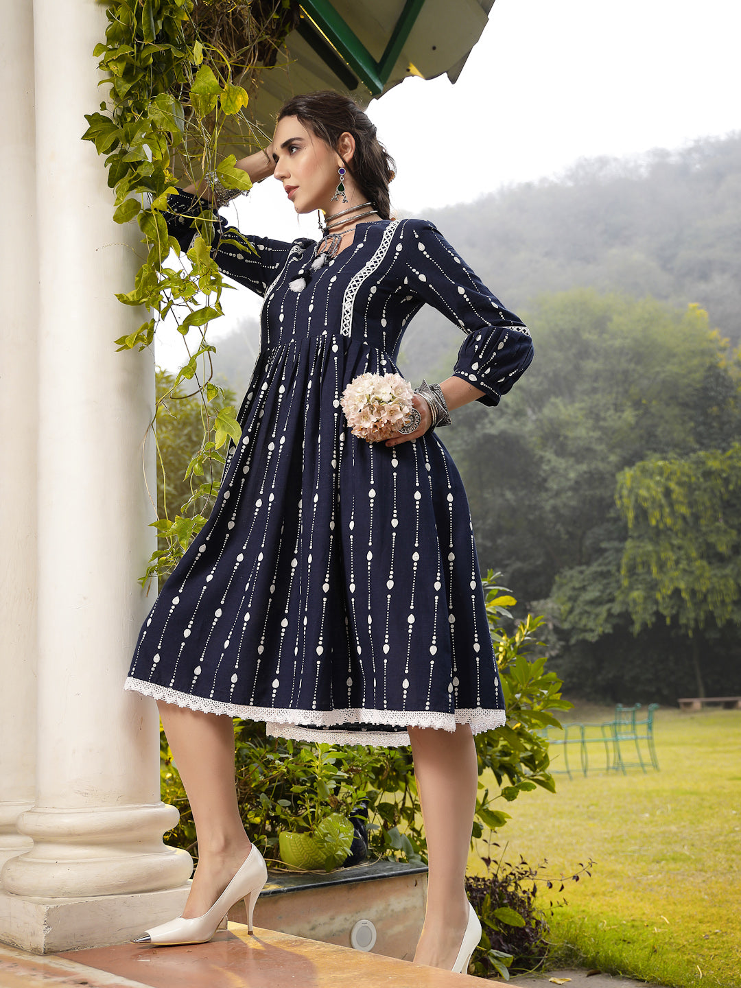 Blue Printed Cotton Flared Dress