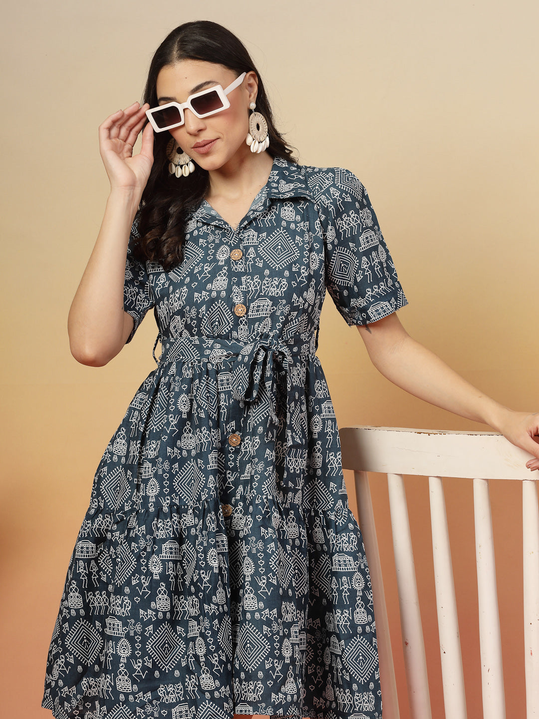 Blue Bagru Printed Cotton Flared Dress