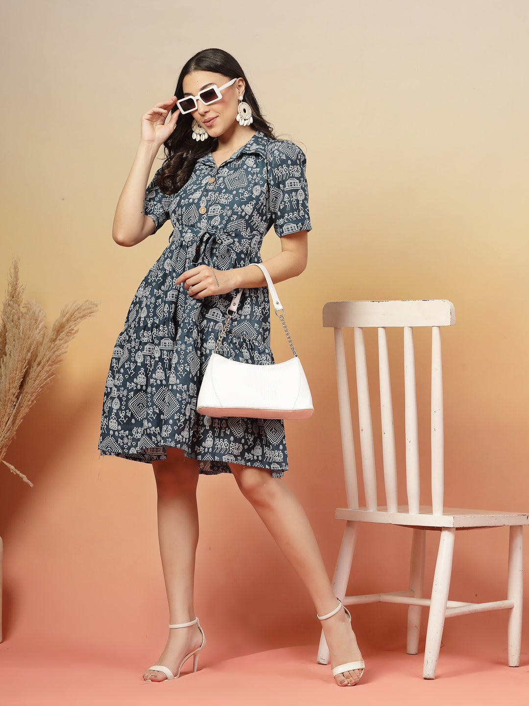 Blue Bagru Printed Cotton Flared Dress