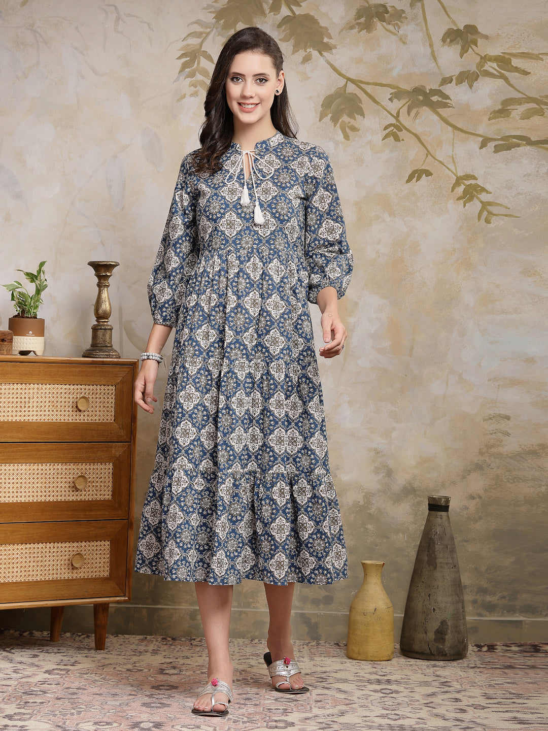 Ajrakh Printed Cotton Tiered Dress Trendphoria Ajrakh Printed Cotton Tiered Dress Trendphoria