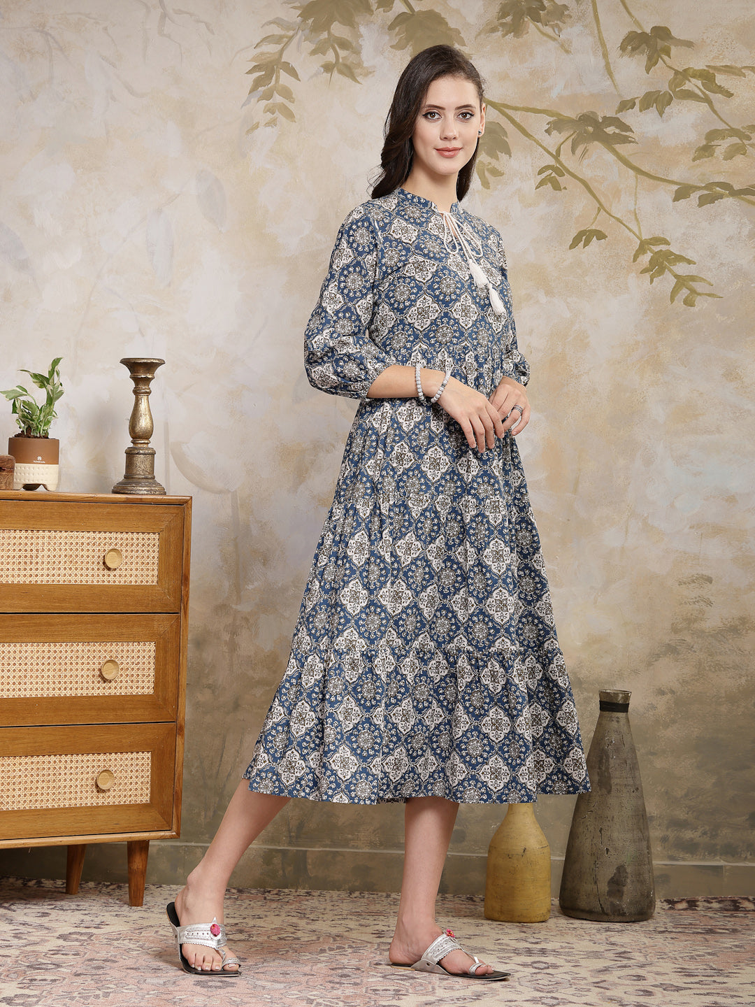 Ajrakh Printed Cotton Tiered Dress