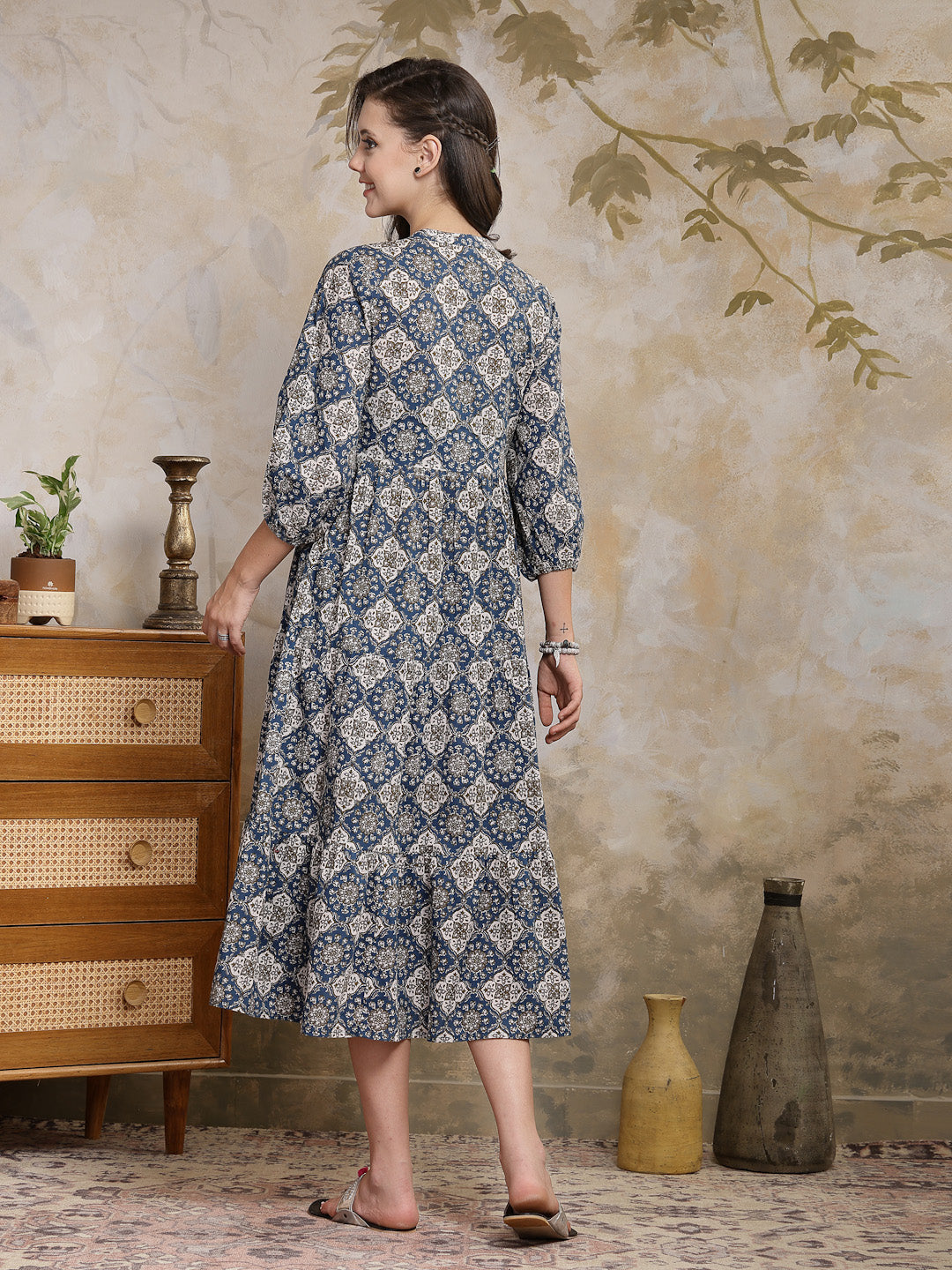 Ajrakh Printed Cotton Tiered Dress