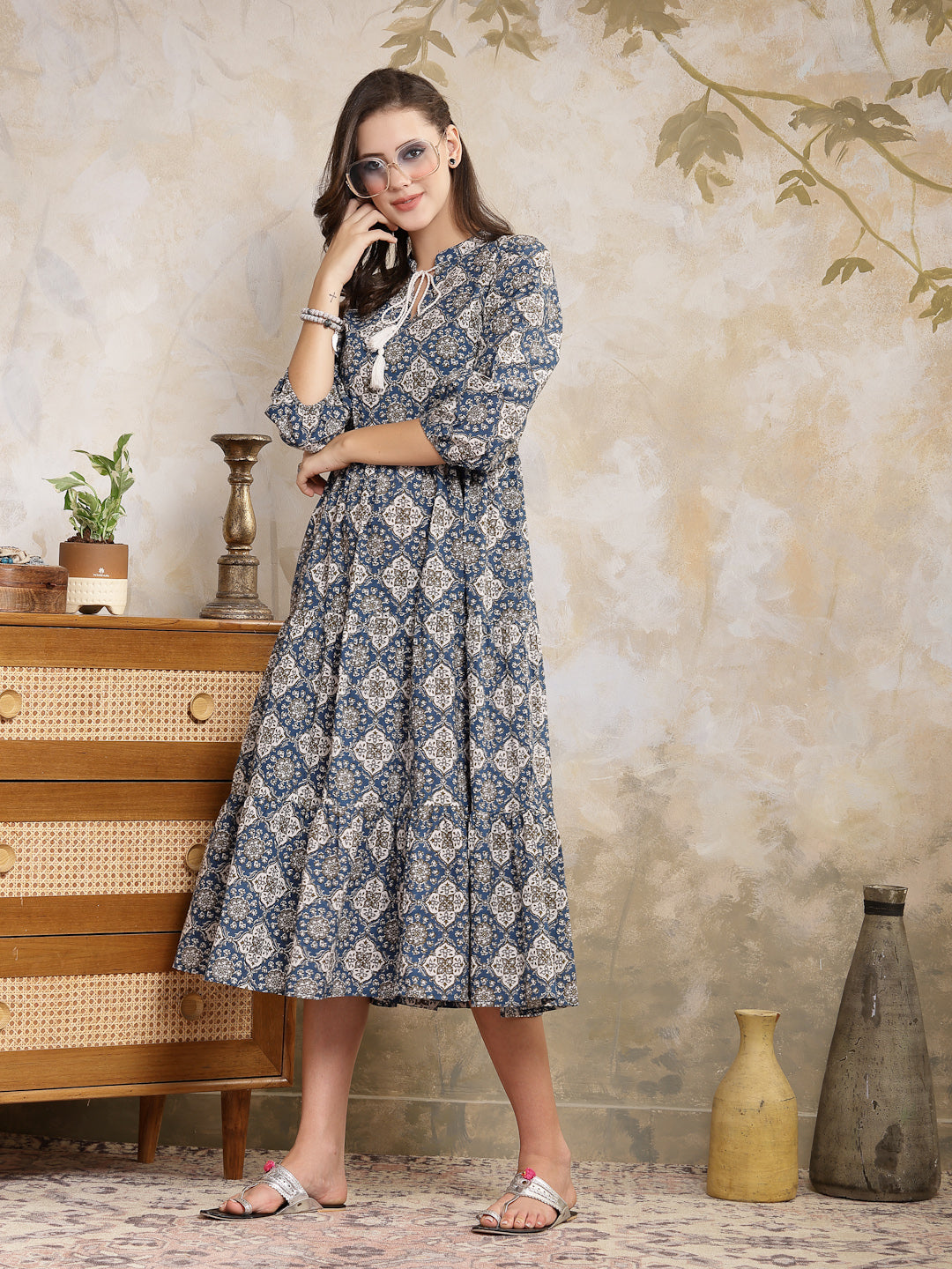 Ajrakh Printed Cotton Tiered Dress